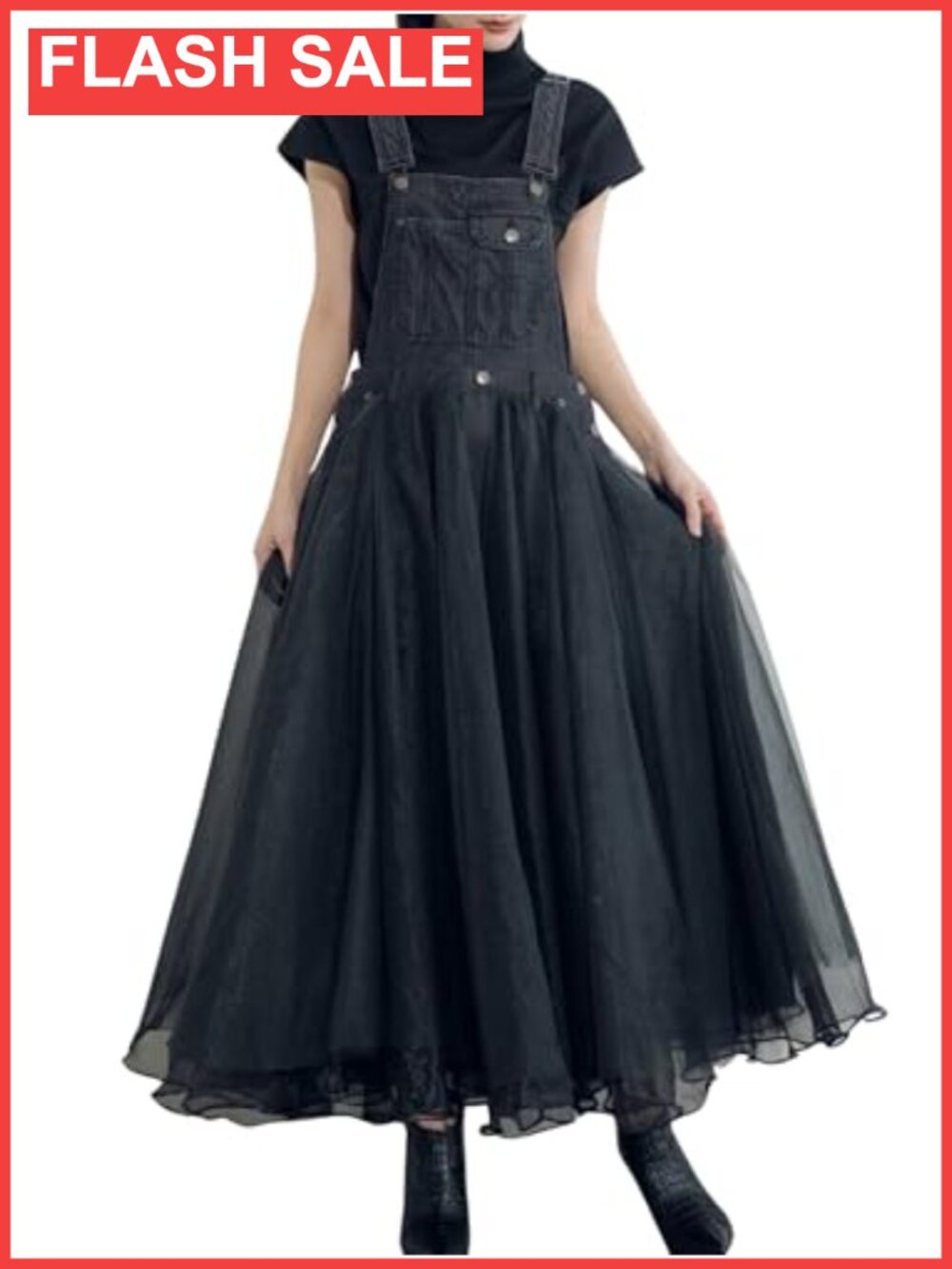 Sleeveless Denim Splicing Tulle Tutu Overall Dress Puffy Mesh Maxi Bib Jumper